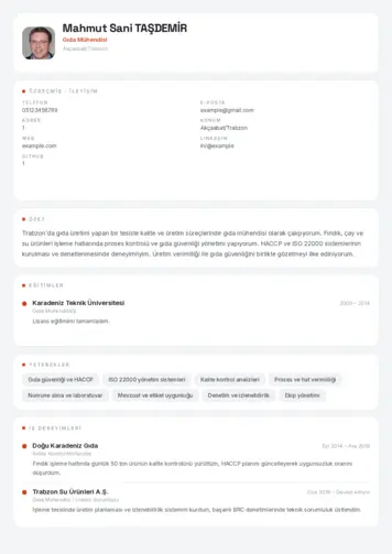 Gıda Mühendisi CV Örnekleri cv indir